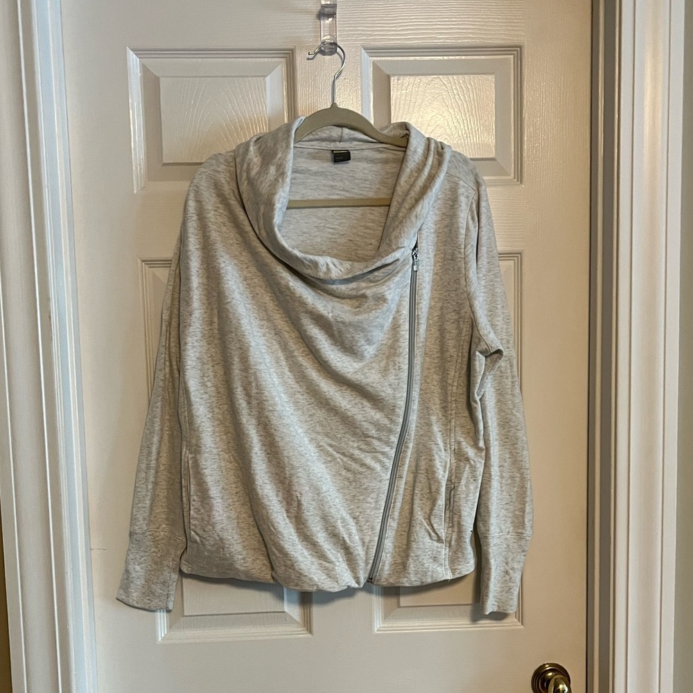 Old Navy Asymmetrical French Terry Sweatshirt in Cream/Gray with Funnel Neck